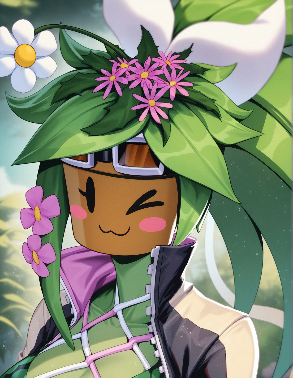 <lora:kanna-blaster-master_vpred-noobaiv10_:1> masterpiece, best quality, newest, by alanscampos, by whooo-ya, kanna \(blaster master\), elemental creature, elemental humanoid, flora fauna, humanoid, plant humanoid, accessory, blush, blush stickers, clothed, clothing, female, floral, flower, flower \(anatomy\), flower accessory, flower hair accessory, flower pot, for a head, goggles, green body, green skin, hair accessory, handwear, head flower, jacket, leaf, leaf hair, not furry, plant, plant hair, pseudo hair, solo, tight clothing, topwear, watermelon pattern, (simple eyes, simple face, looking at viewer:1.3), detailed background, outside, garden, looking at viewer, fishnet, fishnet topwear, wink, side view, head down ass up, tail, long tail, cow tail, (fear, eyes closed:1.2), (bust portrait:1.3), ;3âââ