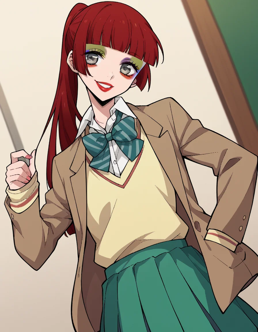 score_9, score_8_up, score_7_up, source_anime, <lora:n-arisugawa-oc-ponyxl-lora-nochekaiser:1>, n-arisugawa, long hair, red hair, bangs, blunt bangs, hime cut, grey eyes,, ponytail, makeup, lipstick, skirt, long sleeves, school uniform, jacket, miniskirt, green skirt, blazer, brown blazer, sweater vest, yellow sweater vest, bowtie, green bowtie, striped bowtie, collared shirt,, indoors, smile, looking at viewer, solo,, cowboy shot, dutch angle