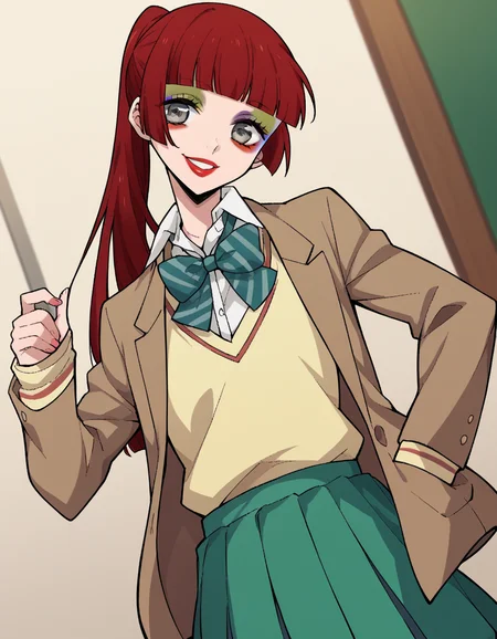 score_9, score_8_up, score_7_up, source_anime, <lora:n-arisugawa-oc-ponyxl-lora-nochekaiser:1>, n-arisugawa, long hair, red hair, bangs, blunt bangs, hime cut, grey eyes,, ponytail, makeup, lipstick, skirt, long sleeves, school uniform, jacket, miniskirt, green skirt, blazer, brown blazer, sweater vest, yellow sweater vest, bowtie, green bowtie, striped bowtie, collared shirt,, indoors, smile, looking at viewer, solo,, cowboy shot, dutch angle
