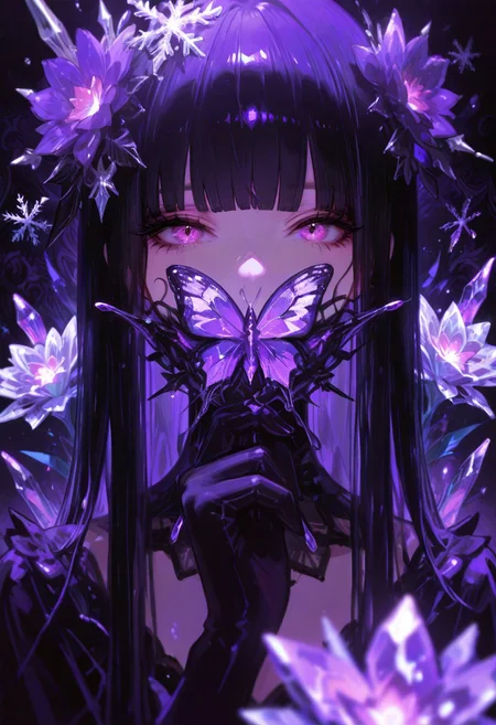 (Theme: Draconic Crystals). masterpiece, newest,absurdres,incredibly absurdres,1girl, solo, bug, butterfly, bangs, black hair, looking at viewer, long hair, blunt bangs, covered mouth, purple eyes, purple theme, eyelashes, flower, pink eyes, snowflakes look like crystals,
dark_theme,abstract background,
depth of field,white sphere on the background