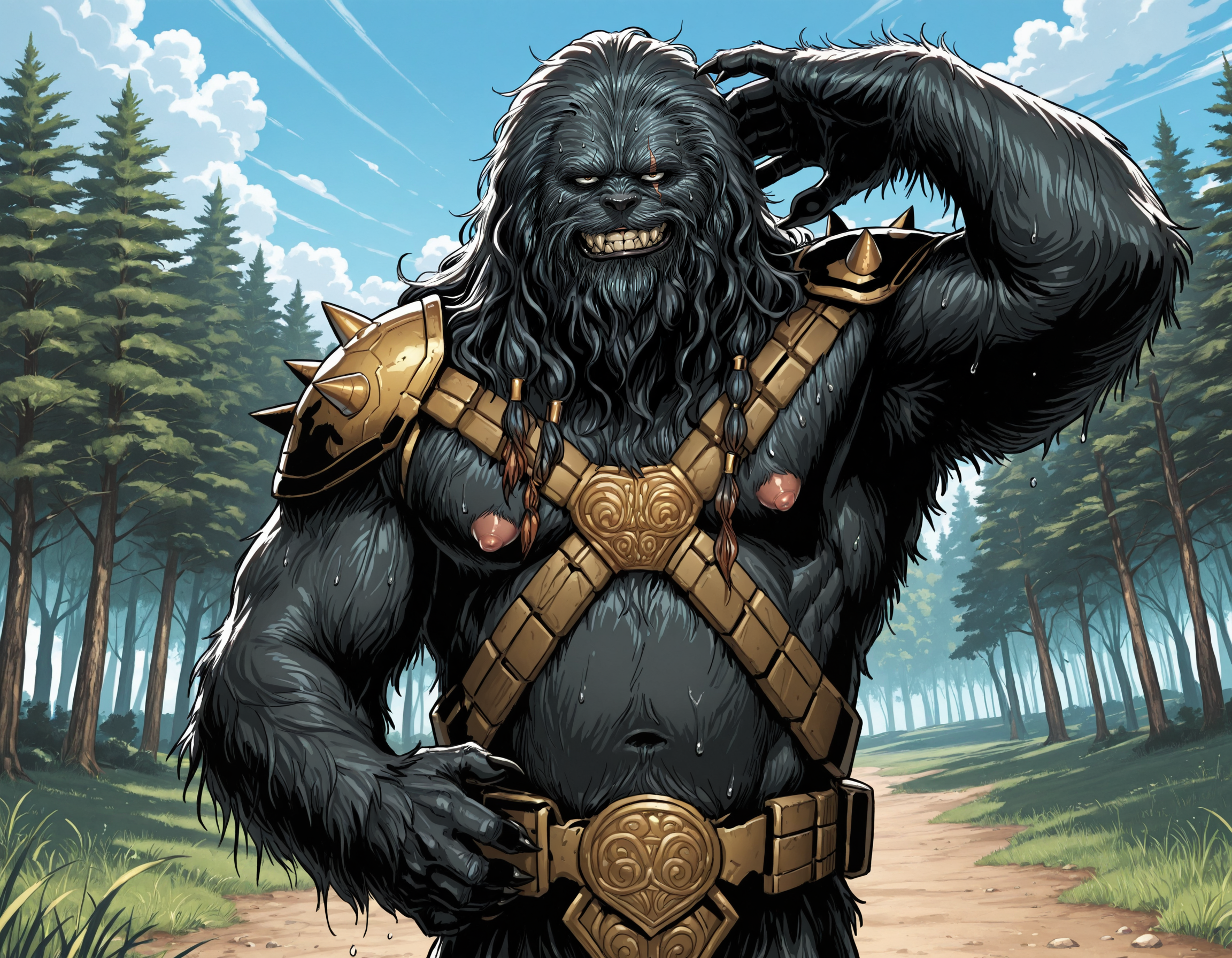 	masterpiece, best quality, amazing quality, male, males only, male focus, , male, solo, armor, belt, black krrsantan, black fur body , claws,  wookiee (muscle gut, puffy nipples )forest, male focus, grass, day time, outside, blue sky, clouds, sweat, outside, looking at viewer, male focus, smirk, close up, side angle, upper body only