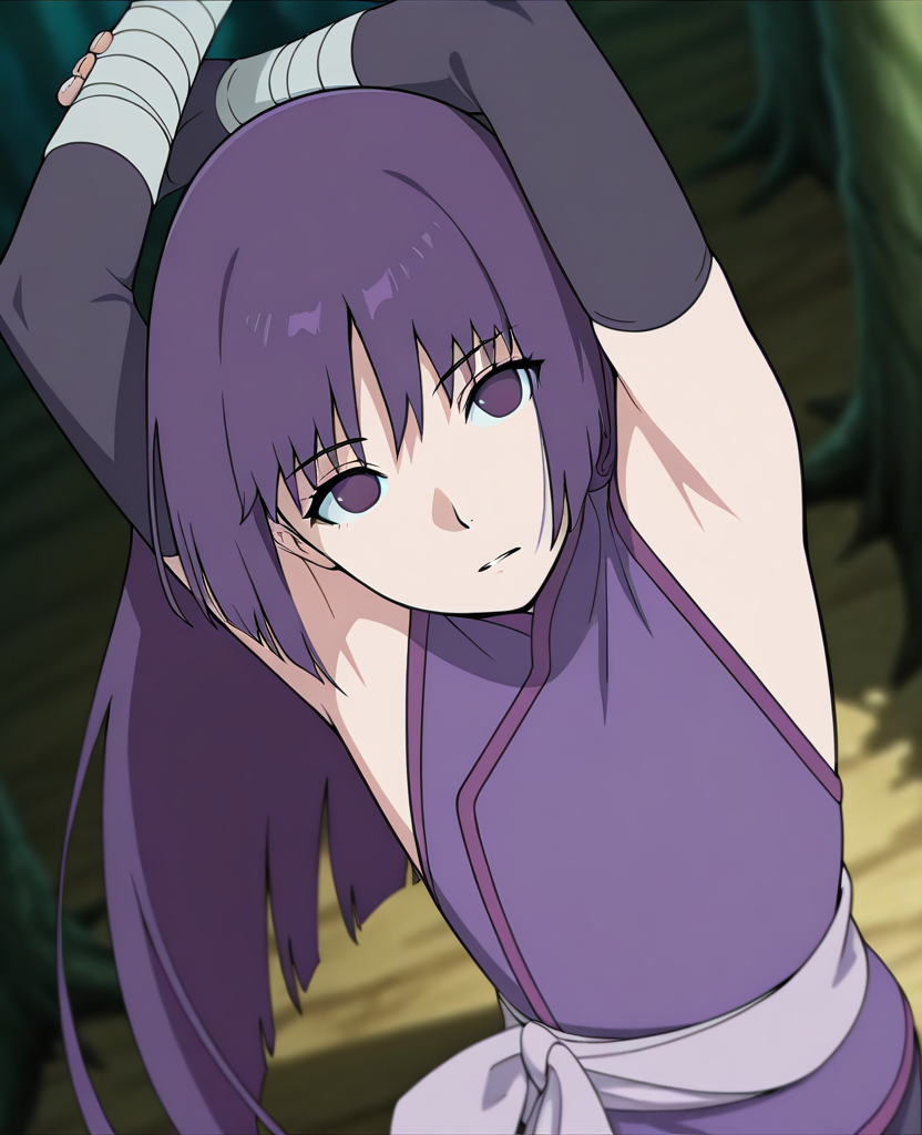 masterpiece, best quality, amazing quality, very aesthetic, absurdres, scenery, forest, <lora:Sumire_Boruto_ILLUS-000010:1> , sm1, shirt, 1girl, long hair, bangs, elbow gloves, purple eyes, purple hair, no pupils, fingerless gloves, bandaged arm, jacket around waist, looking at viewer, portrait, from above, angle view, arms up, stretching, expressionless, parted lips, dynamic pose, depth of field, leaning to the side, head tilt,
