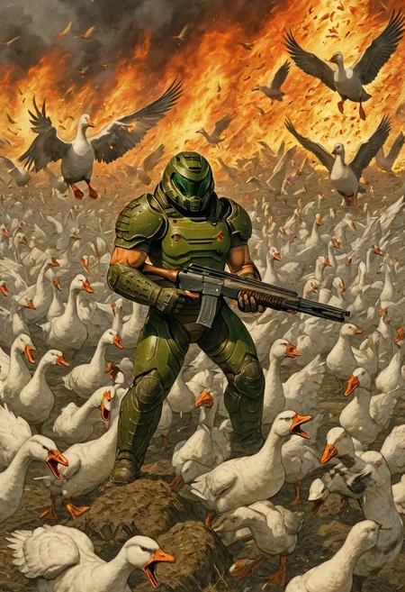 zPDXLxxx ((score_9, score_8_up, score_7_up)), masterpiece, perfect anatomy, hell, background on fire, solo, Doomguy, green armor, power armor, helmet, muscular, outdoors, holding Shotgun, goose ambush, 6+ geese, white geese, lots of geese, geese everywhere, angry geese,
