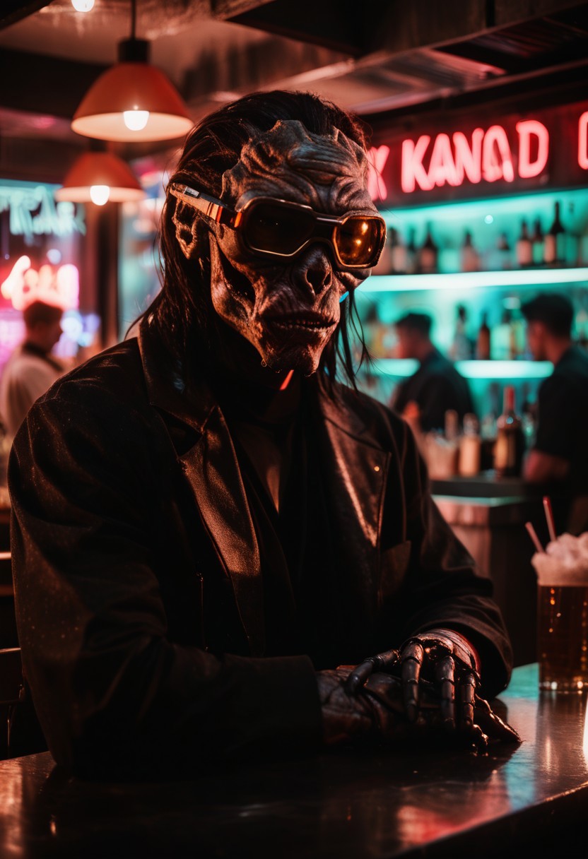 score_9, score_8_up, score_7_up, cyborg, ar3na1989, Kodak Motion Picture Film Style, alien long face, goggles, (neon gold light), bartender, (bokeh), sci-fi, dark atmosphere, moody, dark hair, aesthetic,