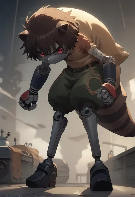 score_9, score_8_up, score_7_up, (best quality:1.1), ultra-detailed, high resolution, 8K, ((tall, 6ft tall, no mouth, long legs)), long legs, Metal Raccoon, robot, brown beige metal skin, black sclera, red pupils, pointy metal nose, gray claws, green core, black shoes, fist, battle stance, arms at sides, floating, factory, raccoon tail, BREAK outside, Rich, Detailed background, ambient light