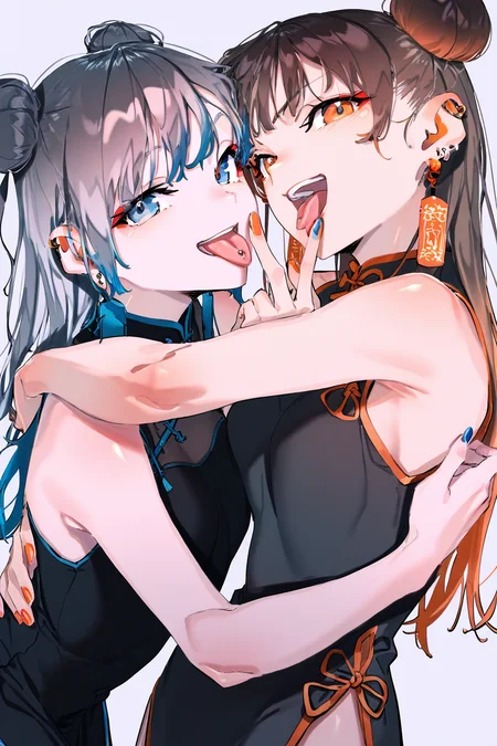 rolua,multiple girls, 2girls, tongue piercing, chinese clothes, hair bun, tongue, piercing, china dress, double bun, dress, tongue out, orange eyes, hug, earrings, looking at viewer, jewelry, blue nails, long hair, grey hair, orange nails, black dress, blue eyes, ear piercing, multicolored hair, open mouth, nail polish, brown hair, heads together, middle finger, blue hair, simple background, smile, gradient hair, fingernails, sleeveless, orange hair, sleeveless dress,
BREAK,masterpiece,best quality,amazing quality,very aesthetic,absurdres,newest