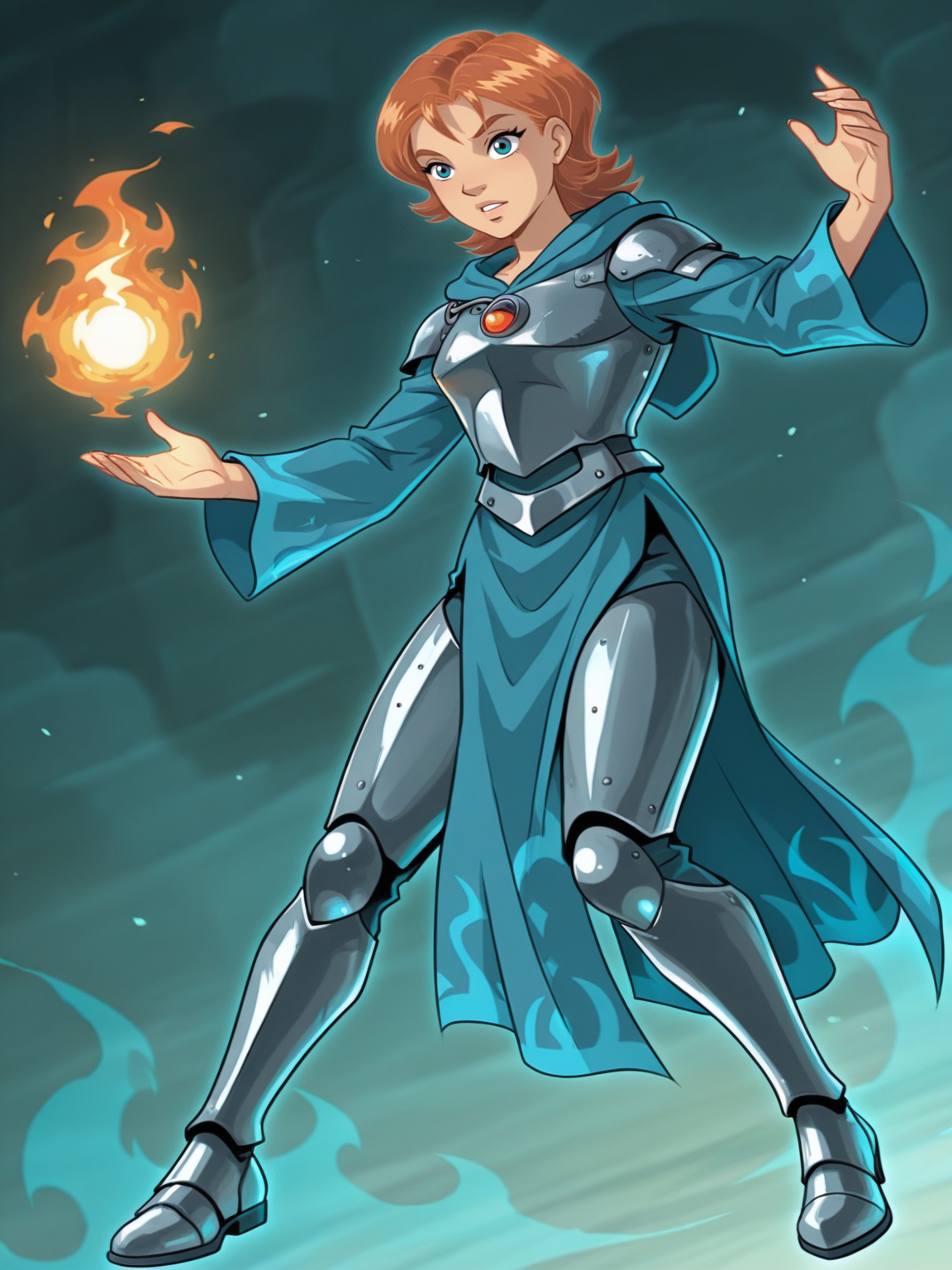 <lora:irmaIL:0.9> ir_ma, 1girl, auburn hair, short hair, slightly wavy hair, greenish-blue eyes, 
magic, magic robe, steel armor,glowing liens, fireball, action, full body, glowing background, magic background