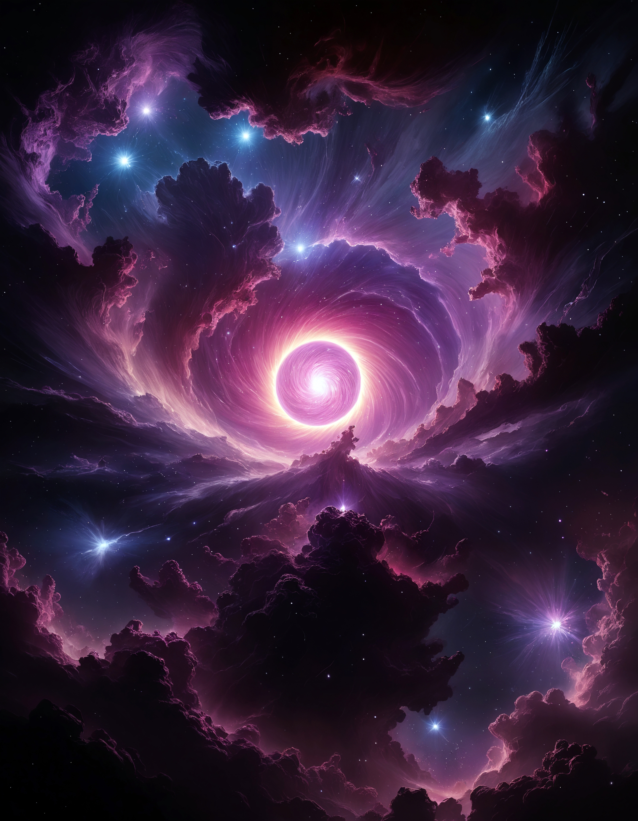void, nebula, storm, sun, purple, pink, centered, painted, intricate, volumetric lighting, beautiful, rich deep colors masterpiece, sharp focus, ultra detailed, in the style of dan mumford and marc simonetti, astrophotography, magnificent, celestial, ethereal, epic, magical, dreamy, chiaroscuro, atmospheric lighting, 