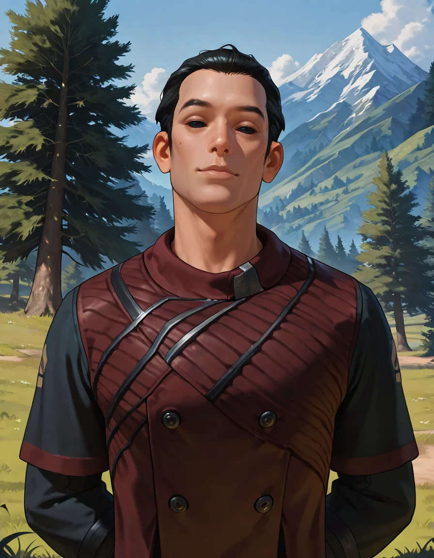 masterpiece, best quality, newest, perfect quality, best quality, detailed background, intricate details, male focus, solo, realistic, <lora:SWTOR - Vector Hyllus - Illustrious-000004:0.8>, swtor_vector, 1boy, black hair, short hair, sideburns, solid eyes, black sclera, long coat, outdoors, trees, plants, mountain, looking at viewer, upper body, head tilt, (smile:0.5), arms behind back
