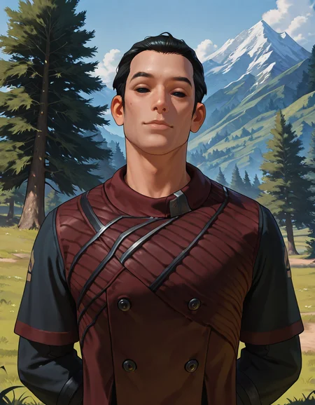 masterpiece, best quality, newest, perfect quality, best quality, detailed background, intricate details, male focus, solo, realistic, <lora:SWTOR - Vector Hyllus - Illustrious-000004:0.8>, swtor_vector, 1boy, black hair, short hair, sideburns, solid eyes, black sclera, long coat, outdoors, trees, plants, mountain, looking at viewer, upper body, head tilt, (smile:0.5), arms behind back