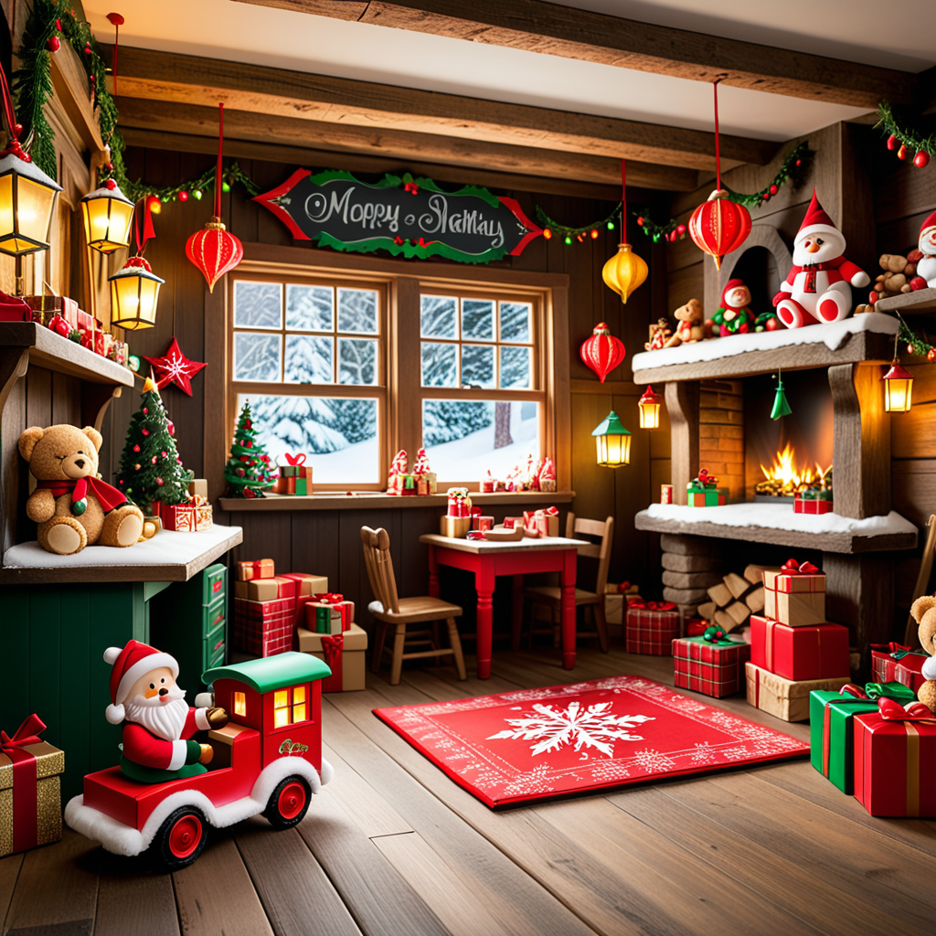 A warm, inviting photograph of Santa Claus's workshop, completely empty yet brimming with festive energy. The room is illuminated by soft golden light from lanterns hanging from wooden beams and a crackling fireplace in the corner. Wooden tables are scattered with tools, paints, and half-assembled toys, including a bright red train, a teddy bear, and colorful wooden blocks. Shelves along the walls overflow with vibrant gift boxes, plush toys, and neatly stacked wrapping paper rolls. The floor is dusted with wood shavings and glitter, adding a sense of activity left behind. Snow-covered windows reveal a faint winter landscape outside, with icicles hanging from the edges. A large chalkboard on one wall lists "Nice & Naughty" names in festive handwriting. The air feels magical, as though the elves just stepped out for a break, leaving the workshop frozen in a perfect holiday moment.<lora:SDXLFaeTastic2400:0.4> <lora:extremely_detailed:0.4> extremely detailed,, Masterpiece,best quality,hi res,8k,hi res,8k,award winning,(sharp focus, intricate, highly detailed),