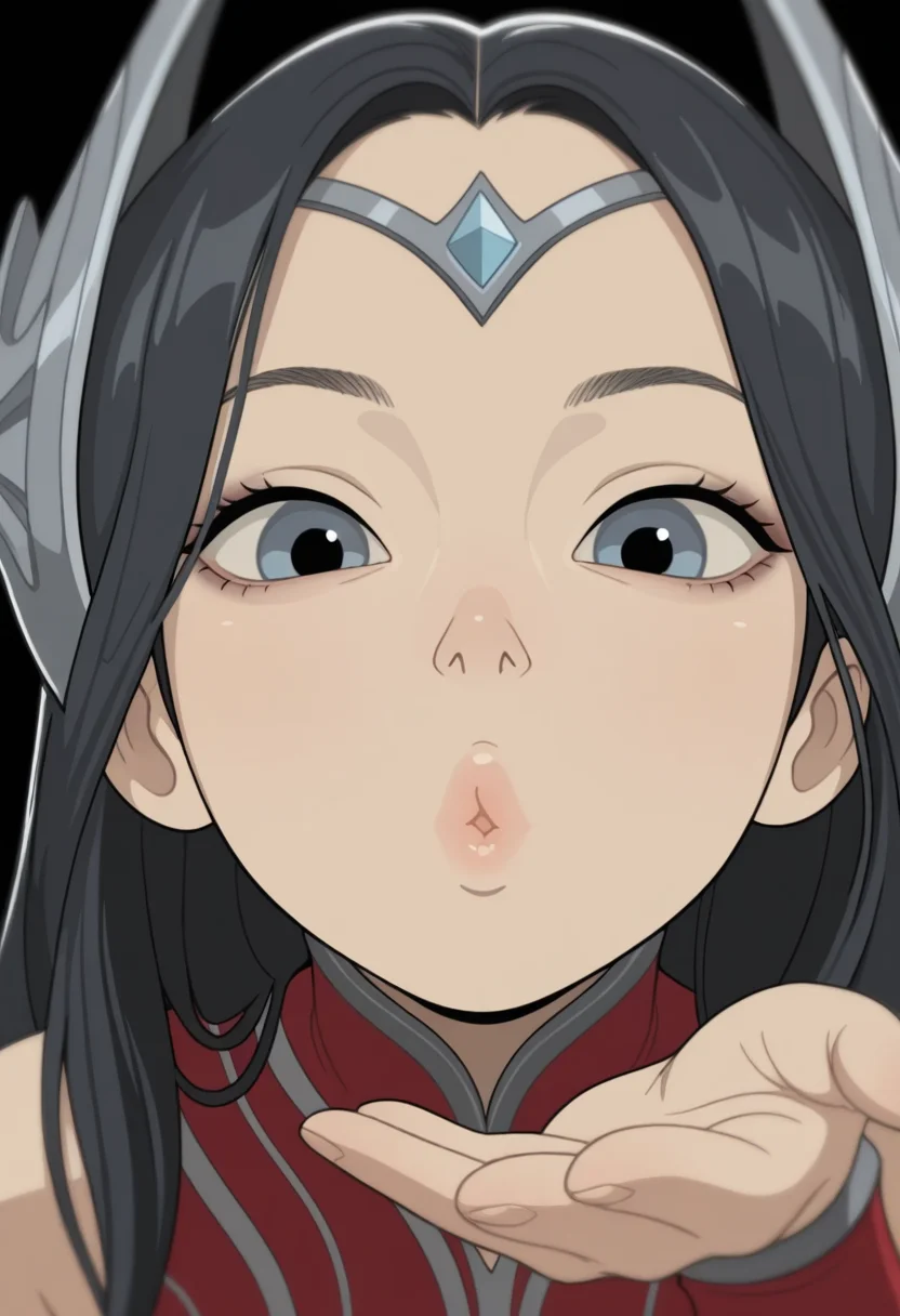W411, masterpiece, best quality, solo, irelia \(lol\), black hair, headgear, leaning close to viewer, blowing a kiss, puckered lips, black background