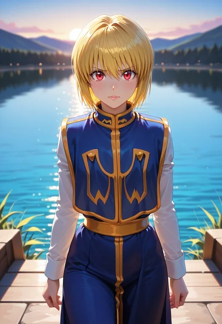masterpiece, best quality, , (photorealistic:0.6), looking at viewer, depth of field, 1boy, solo, male focus, <lora:kurapika_hxh_ilxl:0.92>, kurapika_hxh, blonde hair, red eyes, short hair, bangs, hair between eyes, , cowboy shot, lake, dawn, standing, tearing up,