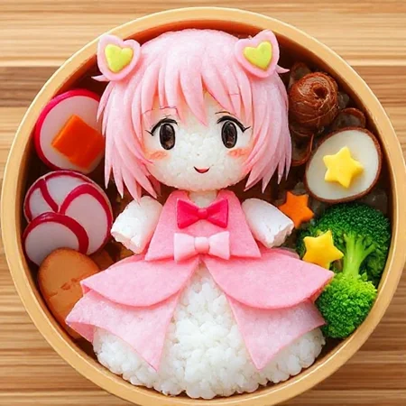 A charming bento box inspired by Sakura from Cardcaptor Sakura, where the character is recreated using rice and various vegetables. Sakura's face is crafted from a round ball of rice, with nori for her eyes and a small slice of tomato for her lips. Her signature pink dress is made from thinly sliced radish and beetroot, arranged in layers to mimic the flowing design of her outfit. The bento box also contains small, delicate portions of food, such as bright green broccoli, carrot sticks shaped like stars, and a few pieces of tamagoyaki (Japanese omelette), carefully arranged to reflect the magical, vibrant energy of the character.
Ensure the depiction is natural and pays close attention to accurate textures and lighting throughout the scene), intricate hand-painted details, ultra-realistic textures, award-winning craftsmanship || studio rim lighting, vivid yet tense colors, UHD resolution, rich details, award winning, impactant image, dramatic pose