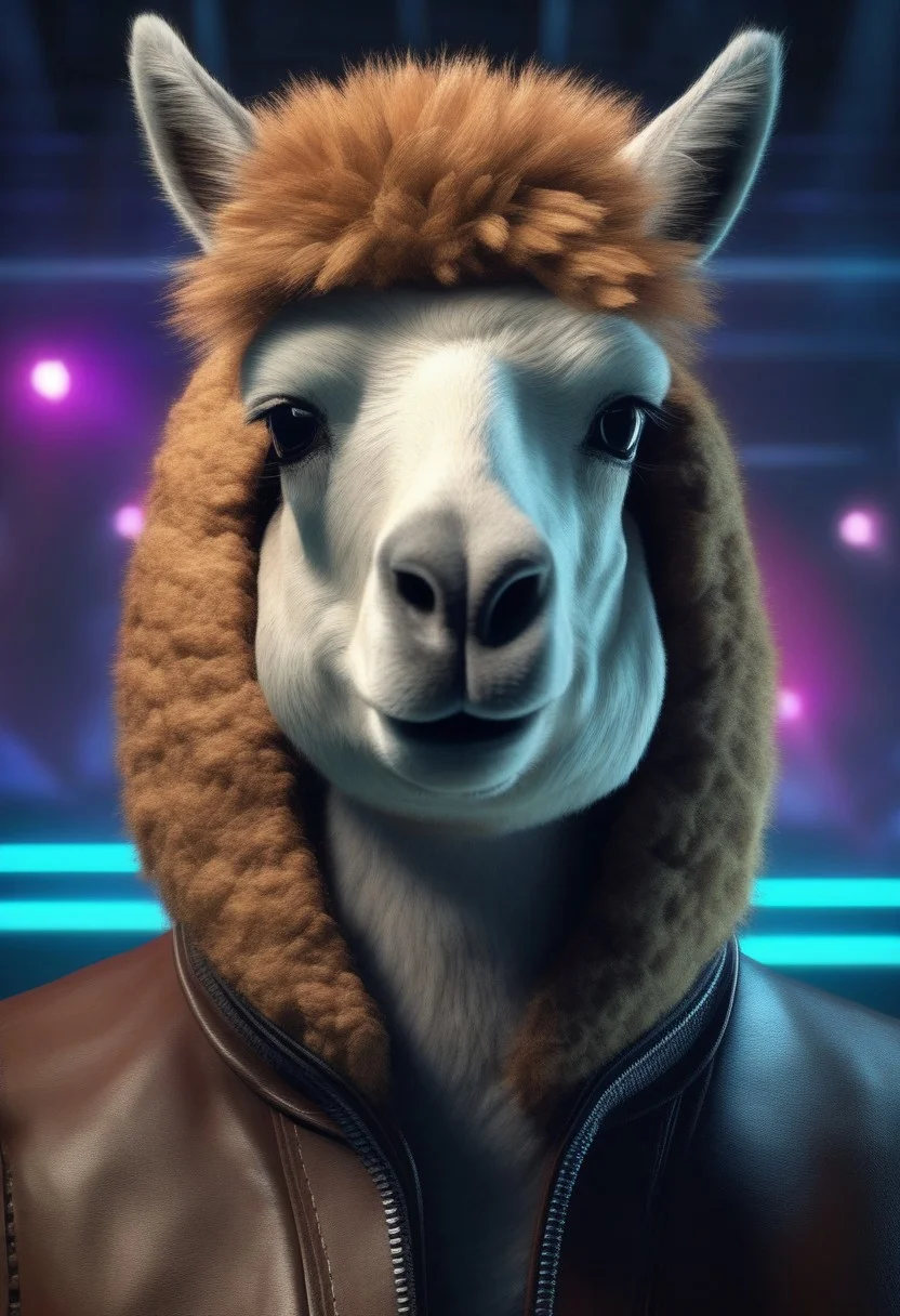 a alpaca with leather clothing in a cool club, party alpaca, very detailed, 4k, sharp