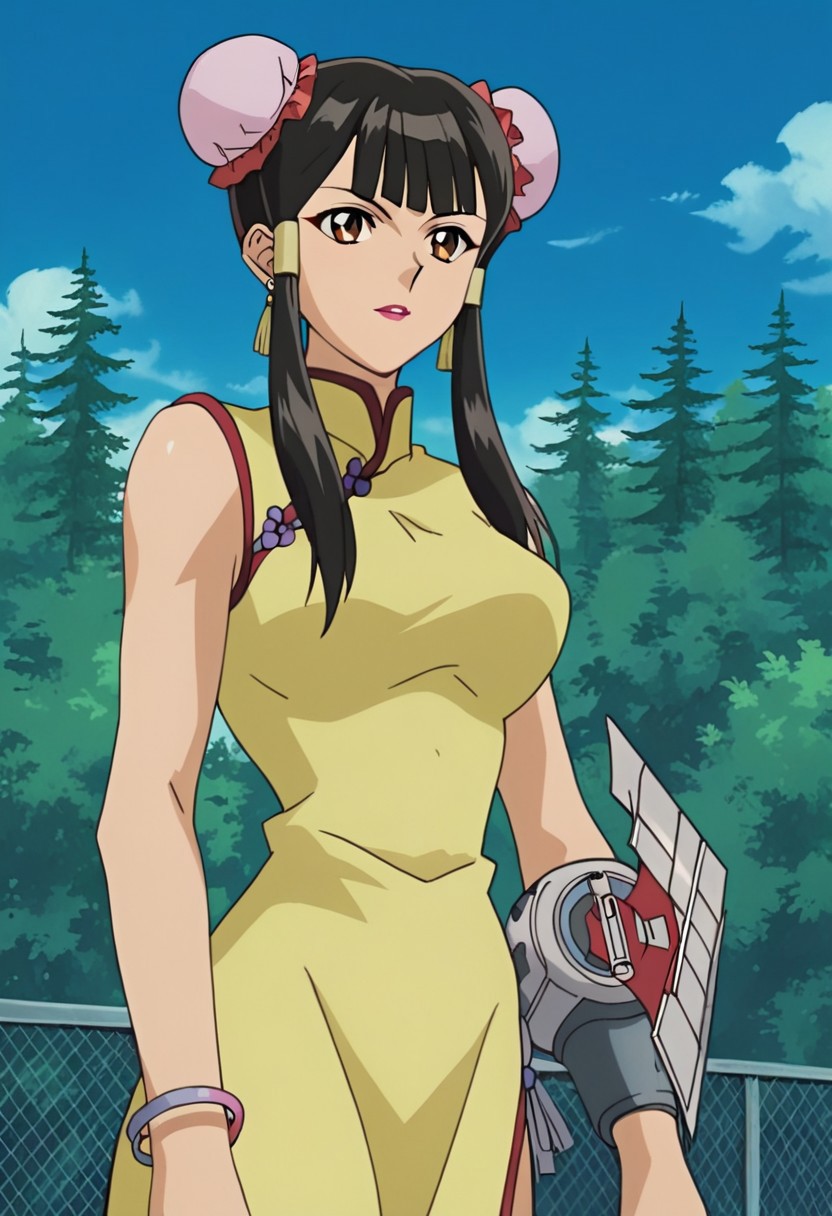 score_9, score_8, score_7_up, source_anime, anime_coloring, anime_screenshot, highres, rating_safe solo, outdoors, forest, trees, sky, day, clouds
YGOVivianWong, 1girl,  long hair, black hair, hair bun, double bun, bun cover, hair tubes,  bangs, sidelocks, makeup, lipstick, brown eyes,  jewelry, earrings, dress, china dress, chinese clothes, bracelet,