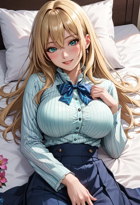 japanese girl, (1girl, long hair, large breasts, blush, smile, bangs, skirt, blonde hair, shirt, long sleeves, ribbon, hair between eyes, green eyes, white shirt, pinstripe shirt,aqua eyes, (blue skirt), blue ribbon, (long skirt)), large breast, lying on bed, hand up, pillow, bedroom, flower pattern on bed sheet, sexy pose, seductive smile, negative hand, Fix hand, looking at viewer,