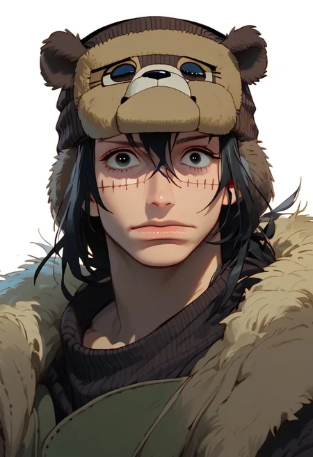 score_9, score_8_up, score_7_up, score_6, score_5, anime, hyper detailed face, perfect face, perfect eyes, perfect anatomy, perfect hands, closeup, 1boy, solo, black eyes, black hair, spiky hair, messy hair, fully clothed, athletic, ((koala hat, koala beanie, animal hat, fur_ears, grey_bear_ears, grey_beanie, Croco_scar across face)), male focus, white background, simple background