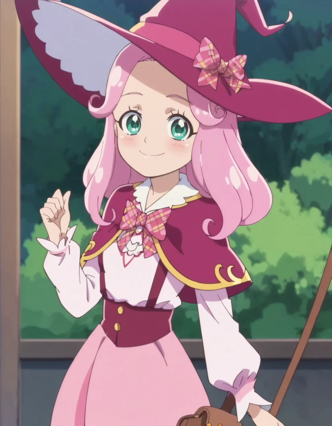 score_9, score_8_up, score_7_up, anime screencap, solo,1girl,hanamikotoha, green eyes,pink hair,school uniform, witch, pink witch hat, pink skirt,capelet,suspender,cowboy shot,smile,blush,looking at viewer,small breasts,<lora:hanamikotoha:0.8>
