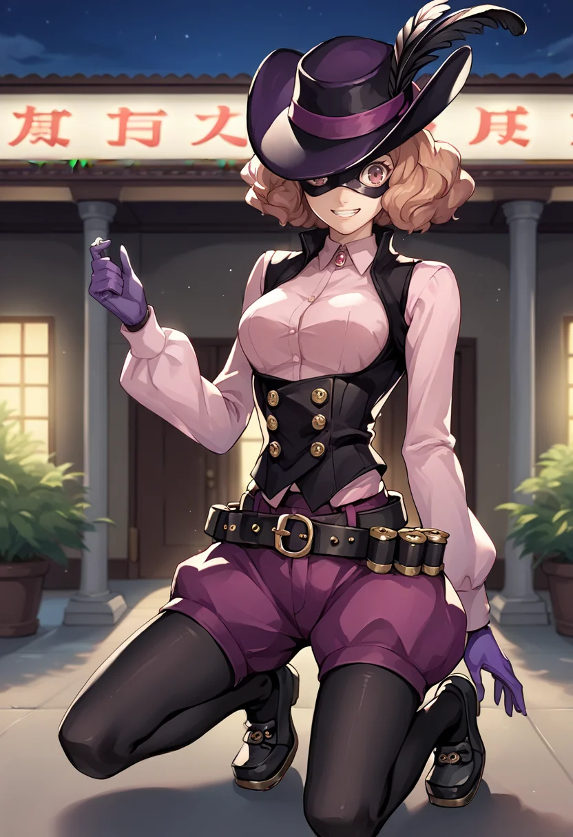 score_9, score_8_up, score_7_up, source_anime, BREAK 1girl, kneeling, on one knee, grin, <lora:HaruP5-pdxl:1> ptHaru, short hair, domino mask, black hat, hat feather, pink collared shirt, puffy long sleeves, black vest, underbust, purple gloves, purple shorts, puffy shorts, belt, bandolier, black pantyhose, black shoes, outdoors, night, museum