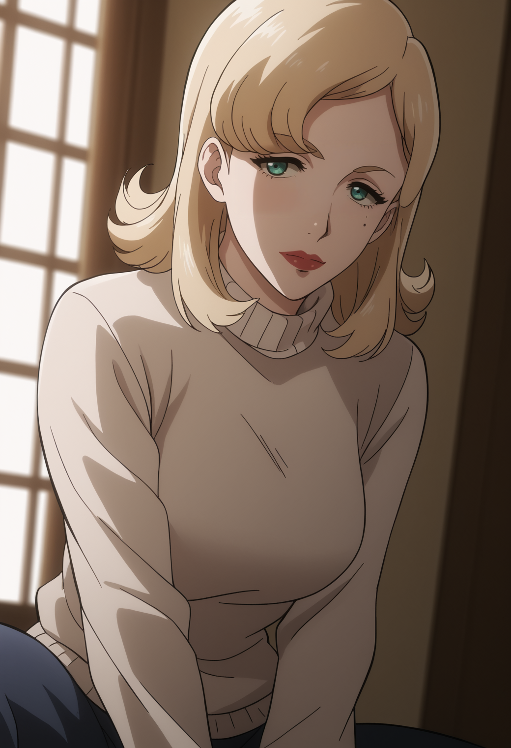 score_9, score_8_up, score_7_up, source_anime,  BREAK, 1girl, solo,   <lora:DX888Elena:1>, elena hanakaze, mature female,  mole, makeup,  medium hair, turtleneck sweater,  solo, squatting,  arms between legs, dutch angle, hands, hanging hair, head tilt,  looking at viewer,