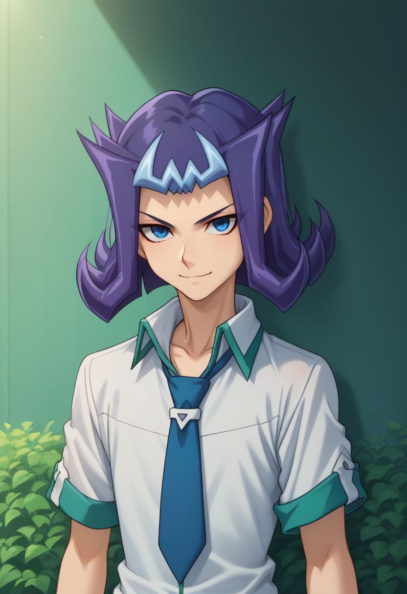 score_9, score_8_up, score_7_up, source_anime, highly detailed, 
shark, solo, 1boy, male focus, blue eyes, purple hair, blue hair, multicolored hair, looking at viewer, school uniform, shirt, collared shirt, necktie, blue necktie, smile, upper body,
outdoor, sit,