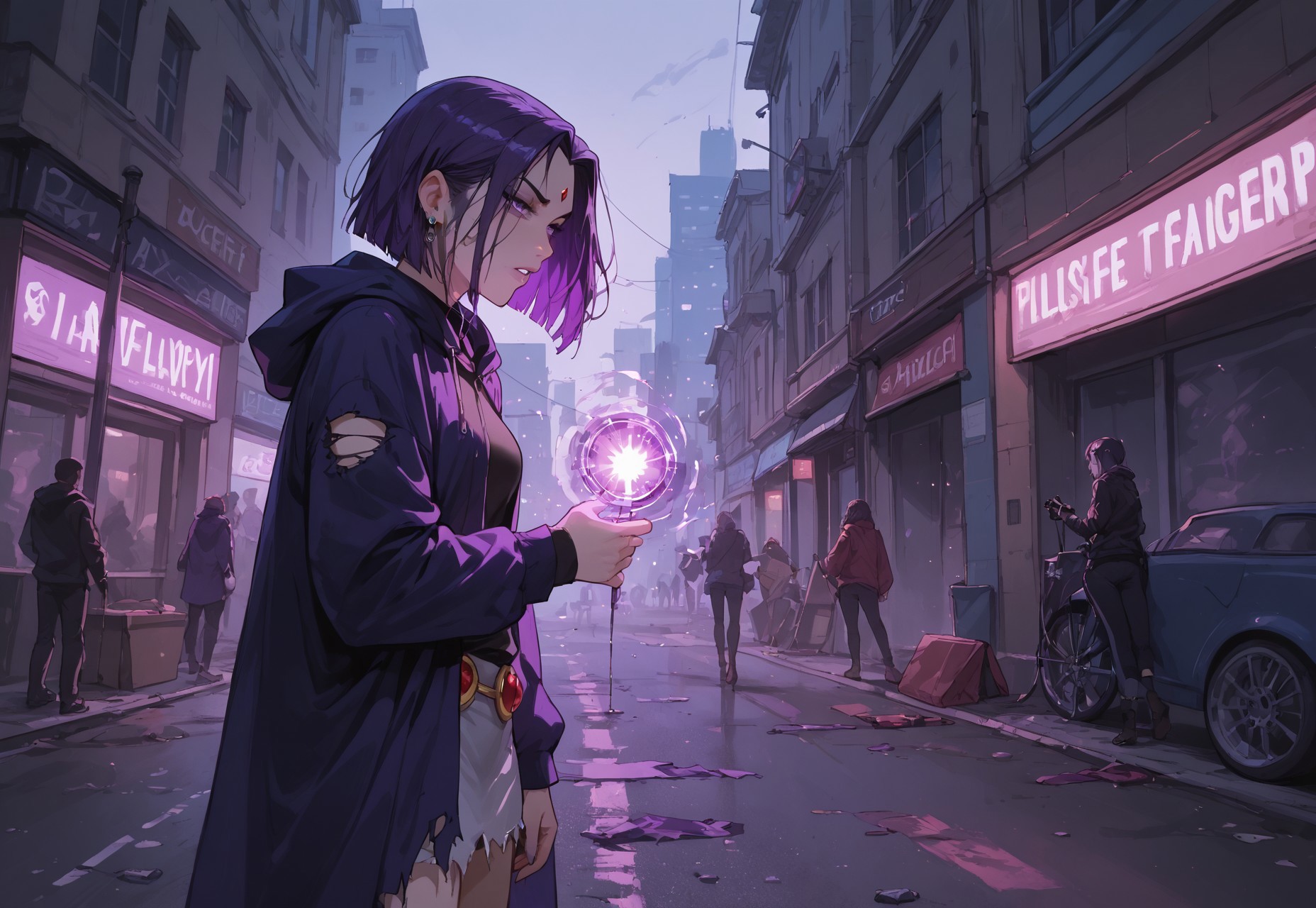 score_9, score_8_up, score_7_up, source_cartoon, Expressive, high quality, best quality, newest, absurdres, highres,
BREAK,
Raven from Teen Titans, casting shadow magic, purple particle effects, city streets setting, clothes torn from battle, battle wounds, dirty clothing