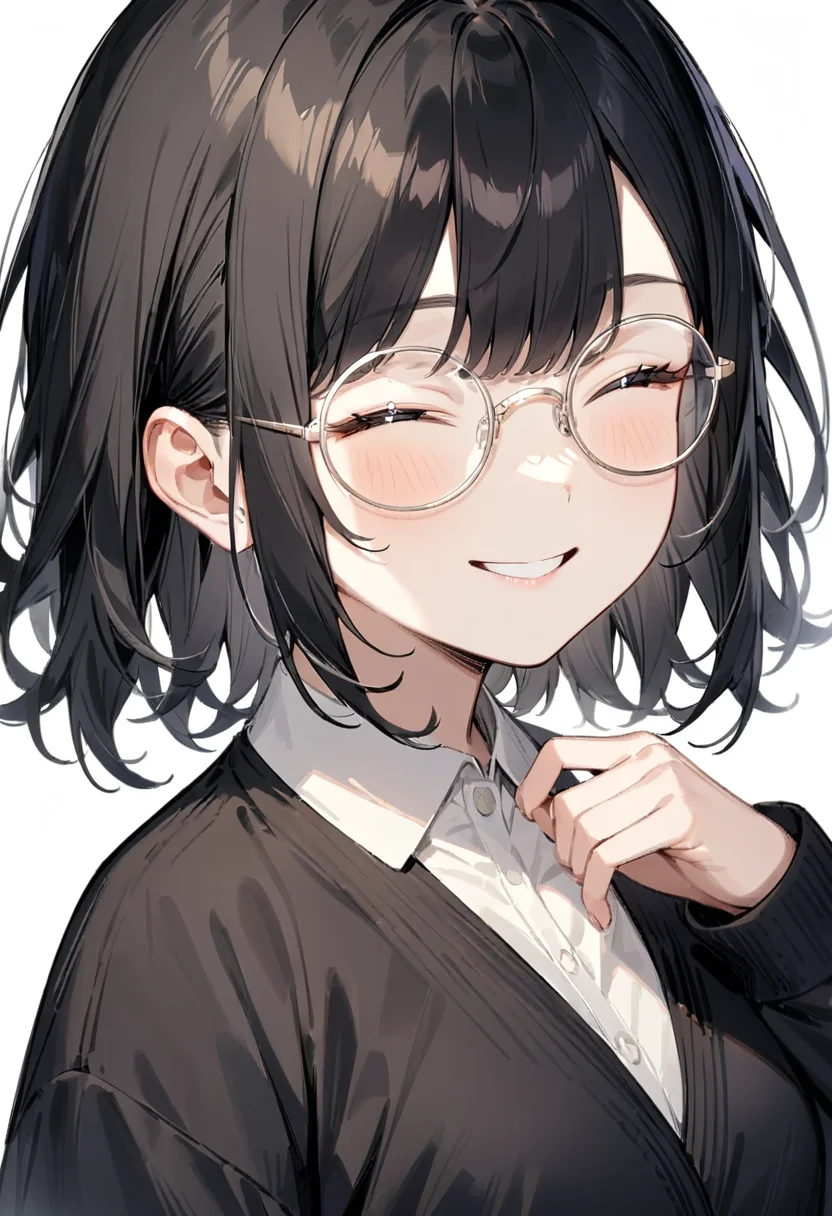 masterpiece, best quality, very aesthetic, absurdres,
1girl, solo, black hair, medium hair, smile, looking at viewer, closed eyes, upper body, collared shirt,
round_glasses22A, white-framed eyewear,
white background, simple background,
<lora:round_glasses_metal-frame_SDXL_V1:1>