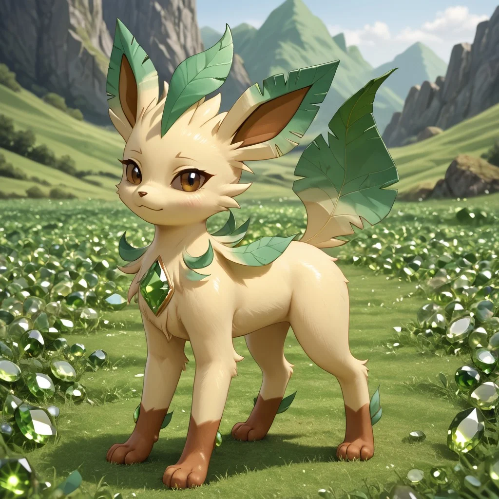 In a gemstone field,outside,hud_per1d0t_wrld, green gemstone, crystal, gem, Brown Eyes,shiny,Leafeon_(Pokemon), body made out of crystals,Light Yellow Fu,rBrown Tipped Hands,solo,female1,look at the viewers,beautiful detail,masterpiece,high-quality,