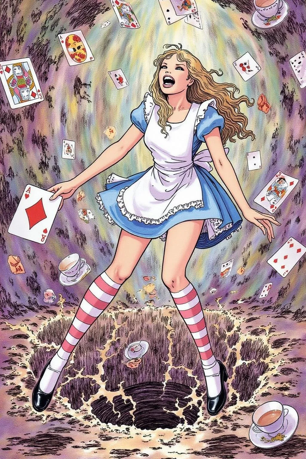 itacomic1 illustration. Overhead view of Alice in Wonderland falling into the rabbit hole, with her legs dangling beneath her. She is looking upward, her face filled with shock and terror as she screams. Her blue dress and white apron billow out around her as she tumbles, while her striped stockings and black shoes are visible below. The rabbit hole is a swirling, chaotic mix of vibrant colors, playing cards, teacups, and other Wonderland objects floating around her. Soft glowing light emanates from the tunnel walls, adding an eerie, fantastical feel to the scene. The sense of motion and fear is palpable as Alice falls deeper into the unknown.  <lora:itacomic_mima3_fl_d4a2e8:1.0><lora:800890085340874481:0>