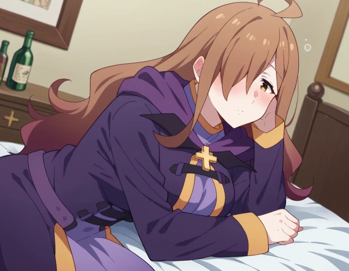 score_9, score_8_up, score_7_up, source_anime,
konosubawiz, <lora:konosuba-wiz-s1s2-ponyxl-lora-nochekaiser:1>,
wiz, ahoge, brown eyes, light brown hair, hair over one eye, long hair, mature female,
cross, dress, hood, hood down, jewelry, latin cross, long dress, long sleeves, purple dress, robe, purple robe,
indoors, bed, bed room, on side, blush, drunk,
looking at viewer, dutch angle, cowboy shot,