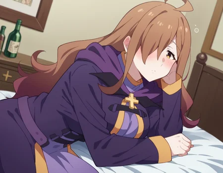 score_9, score_8_up, score_7_up, source_anime,
konosubawiz, <lora:konosuba-wiz-s1s2-ponyxl-lora-nochekaiser:1>,
wiz, ahoge, brown eyes, light brown hair, hair over one eye, long hair, mature female,
cross, dress, hood, hood down, jewelry, latin cross, long dress, long sleeves, purple dress, robe, purple robe,
indoors, bed, bed room, on side, blush, drunk,
looking at viewer, dutch angle, cowboy shot,