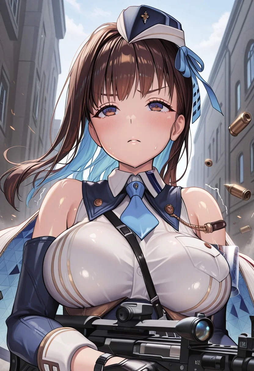 masterpiece,best quality,highres, shiny skin,
mariank963, 1girl, solo, long hair, brown hair, blue inner hair, bangs, large breasts, brown eyes, blue eyes, gradient eyes, official_art, def_mariank963, garrison cap, blue headwear, black gloves, bare shoulders, blue necktie, sleeveless shirt, white shirt, collared shirt, detached sleeves, elbow gloves, white cape, blue inner cape, hair ribbon, blue ribbon, upper body, holding assault rifle, action scene, bullet, action camera, shaking,