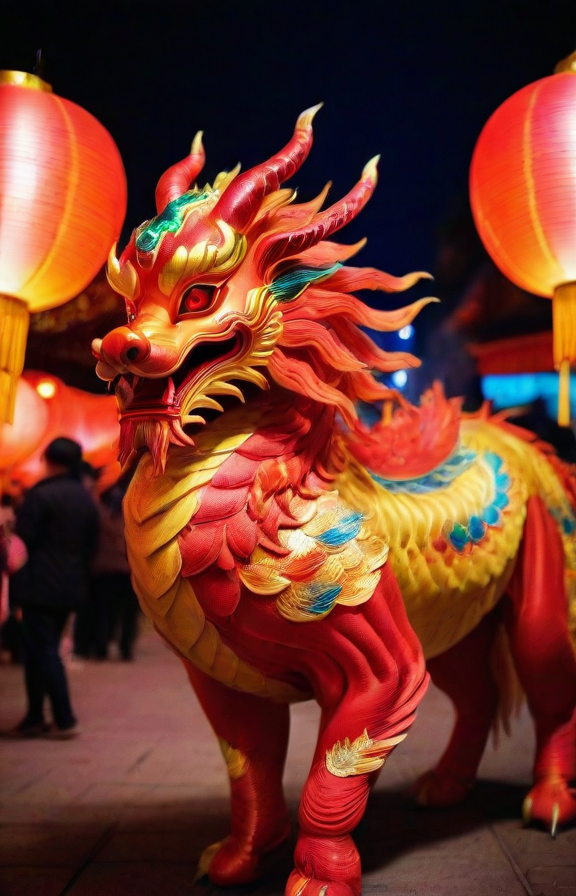 A vivid and ((multicolored Qilin), midnight, in a chinese red lantern festival street with people walking around), magnificent horns, vibrant feathers, majestic and legendary, captures attention with its vibrant hues, colorful high contrast, from china, festival of rich colors, hong kong, epic colors, formidable, rain, eyes lit, standing in the dark, anamorphic lens flares 4k, best of behance, holy flame crown spell, creative commons attribution, wallpaperflare, steven jung, trending on mentalray, hyper realstic, featured on pexels, big horn, highly beautiful, casting a magic spell, color overlay, ð, pr0f3ss10n4l <lora:QilinSDXL:1.00> <lora:sdxl_LCM_lora_rank1:1.15>