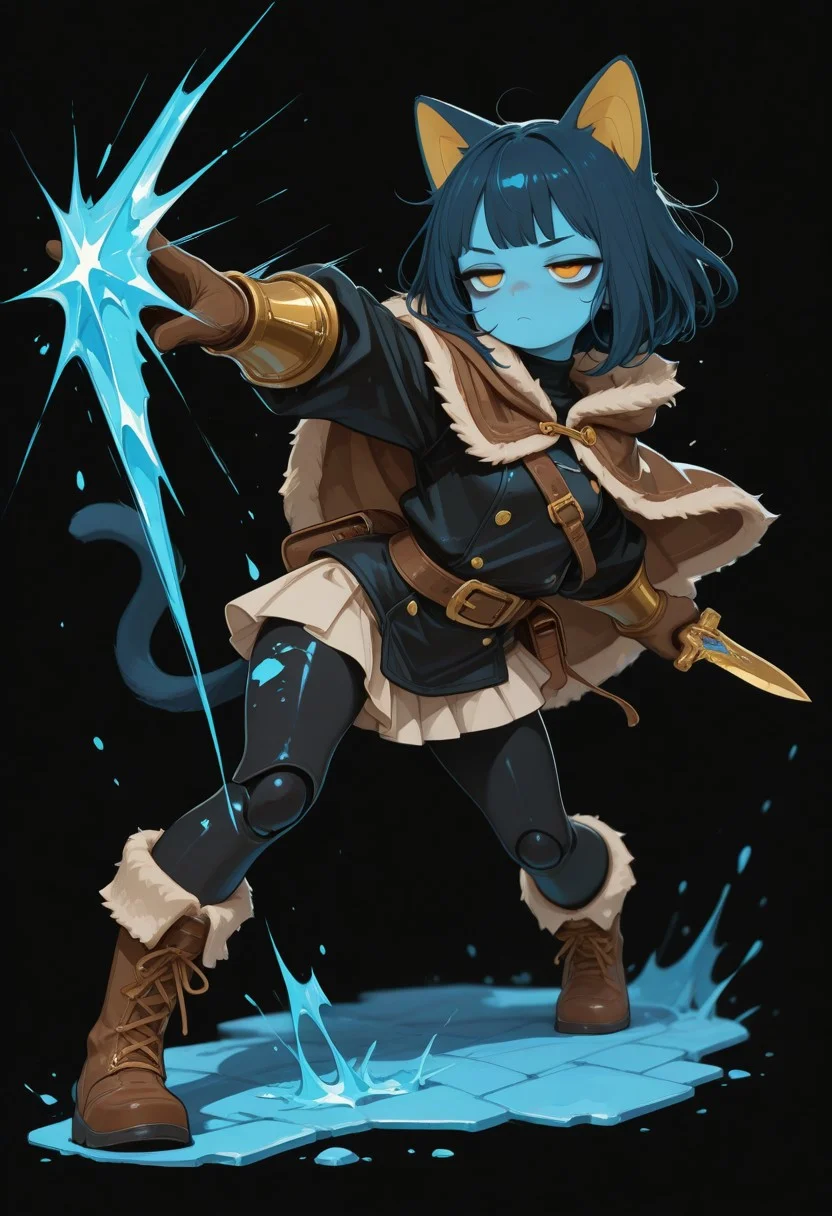 Masterpiece, best quality,amazing quality,very aesthetic, high resolution, dynamic pose,solo, black background, blank background, full body, high detail, Smooth, detailed, masterpiece, masterwork, super cute style, Masterpiece, best quality,amazing quality,very aesthetic, high resolution, Masterpiece, best quality, amazing quality, very aesthetic, high resolution, dynamic pose, solo, black background, simple background, white outline, sticker_style, gold details, c0t0n0_illu, u3nomigi_illu, abstract, abstract shapes, halftone,  blue cat ears, blue cat tail, (blue skin: 1.4), colored skin, yellow eyes, cat pupils, dark blue hair, medium hair, bobcut, doll joints, bored, jitome, black eyeshadow, flat breasts, medium hips, short, dark blue ears, dark blue tail, gold inner ear, gold details, thief cloak, fur trim, long sleeve tunic, belt, purse, black leggings, boots, long gloves, long boots, skirt, dirty clothes, dark clothing, brown and black clothes, thick clothes, bracers, rogue, thief, hood down, thick gloves, gold forearm bracers, holding dagger,dirk dagger, attack,dagger, holding dagger, attack, lunge,EminemThrowingMeme,motion lines, motion blur,throwing,(throwing object:1.2), fullcolor, blurred lineart,(((wagashi))), messy hair,((dagashiya)),iwako,Chillof Vorn'thar, Crystal Blade, crystal dagger background,Cartoon style, fullcolor, blurred lineart, no background, , S4bit4mago_illu