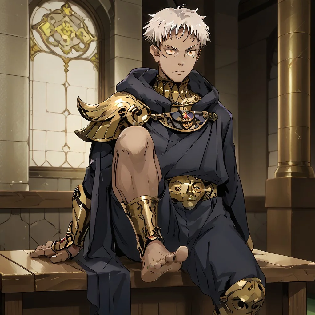 source_anime, anime screenshot, anime colouring, highly detailed, intricately detailed illustration, Palace background, indoors, solo, 1male, Dark skin, white hair, yellow eyes, male focus, black cloak, black pants, barefoot, 5 toes, leg armor, gold leg armor, shin armor, shoeless leg armor, itadori yuuji, itadori_facial mark, sitting on bench, feet, soles