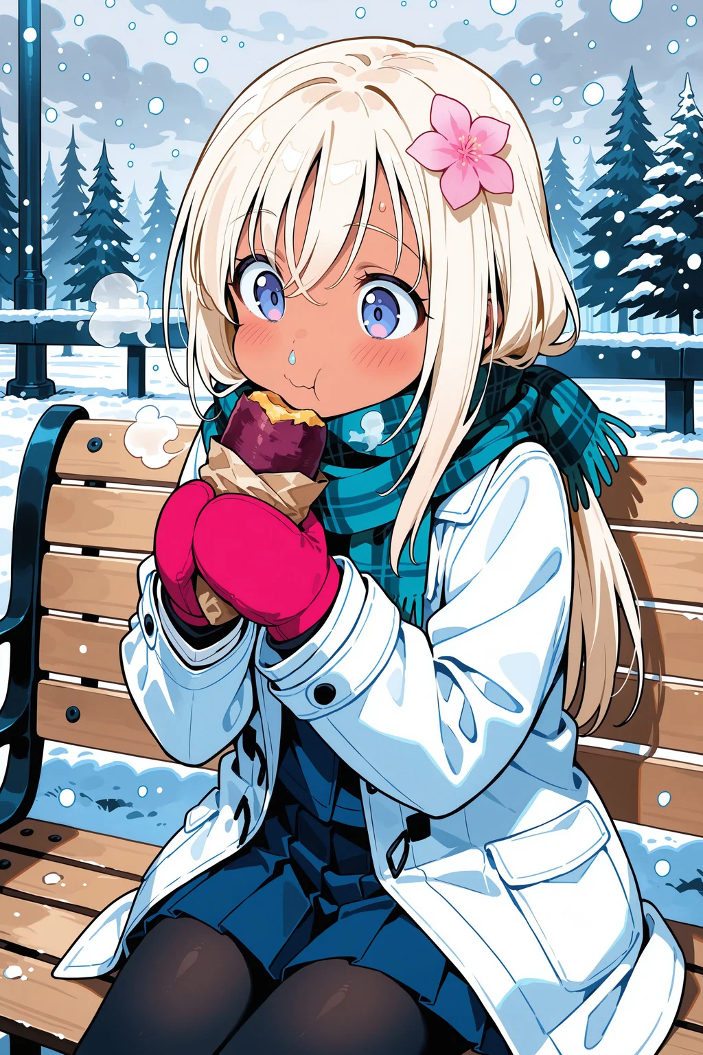 (masterpiece, best quality:1.2), amazing quality, very aesthetic, absurdres, perfect detail, anime screencap,
bench, snowing, overcast, cowboy shot,
sitting, holding roasted sweet potato, eating, closed mouth, blush, snot, open mouth,
solo, ro-500\(pump\), long hair, hair flower, plaid scarf, white coat, long sleeves, mittens, pleated skirt, black pantyhose,
<lora:XL_Ill_kancolle-ro500(pump)-t1:0.9>