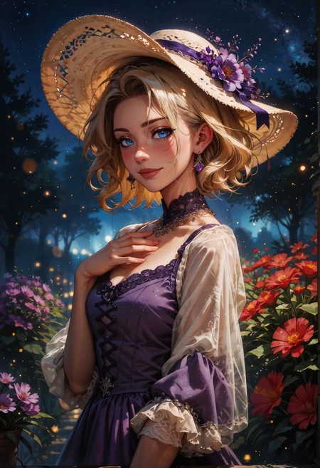 score_9, score_8_up, score_7_up, score_6_up, score_5_up, score_4_up, 1woman, (beautiful face, cute face, 18 years old), blonde, short hair, laced hair, outdoors, plants, flowers, soft lighting, smiling, blush, looking at viewer, blue eyes, hands on chest, night, bokeh, moonlight, tan skin, standing, dusk, particles, looking at viewer from side <lora:sdxl\Expressive_H-000001:0.6>, expressiveH <lora:sdxl\vixon_pony_gothic_neon:0.4> <lora:sdxl\incase_style_v3_ponyxl_ilff:0.3> <lora:sdxl\sinfully_stylish_SDXL:0.4> <lora:sdxl\wrenchrococodomepdxl-000007:0.8>, purple wrenchrococodome, purple gown, hat