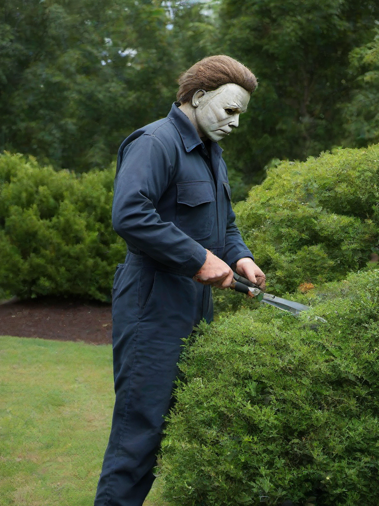 Masterpice,High Quality,
 <lora:PE_Michael Myers:0.8> PEMichaelMyers,
gardener,trimming bushes,