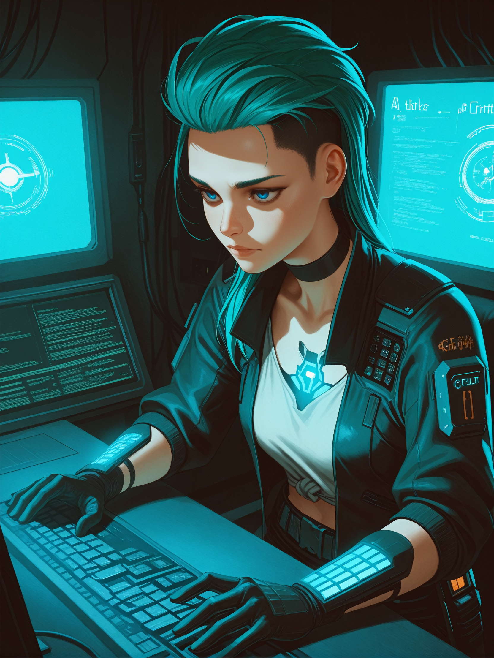 masterpiece, best quality, absurdres,
<lora:ILCyberRogueYoung:1.0>
CyberRogueYoung, 1girl, aqua hair, asymmetrical hair, blue eyes, A dark and gritty hacker's den, filled with flickering monitors and cables, typing furiously on a terminal surrounded by glowing code.