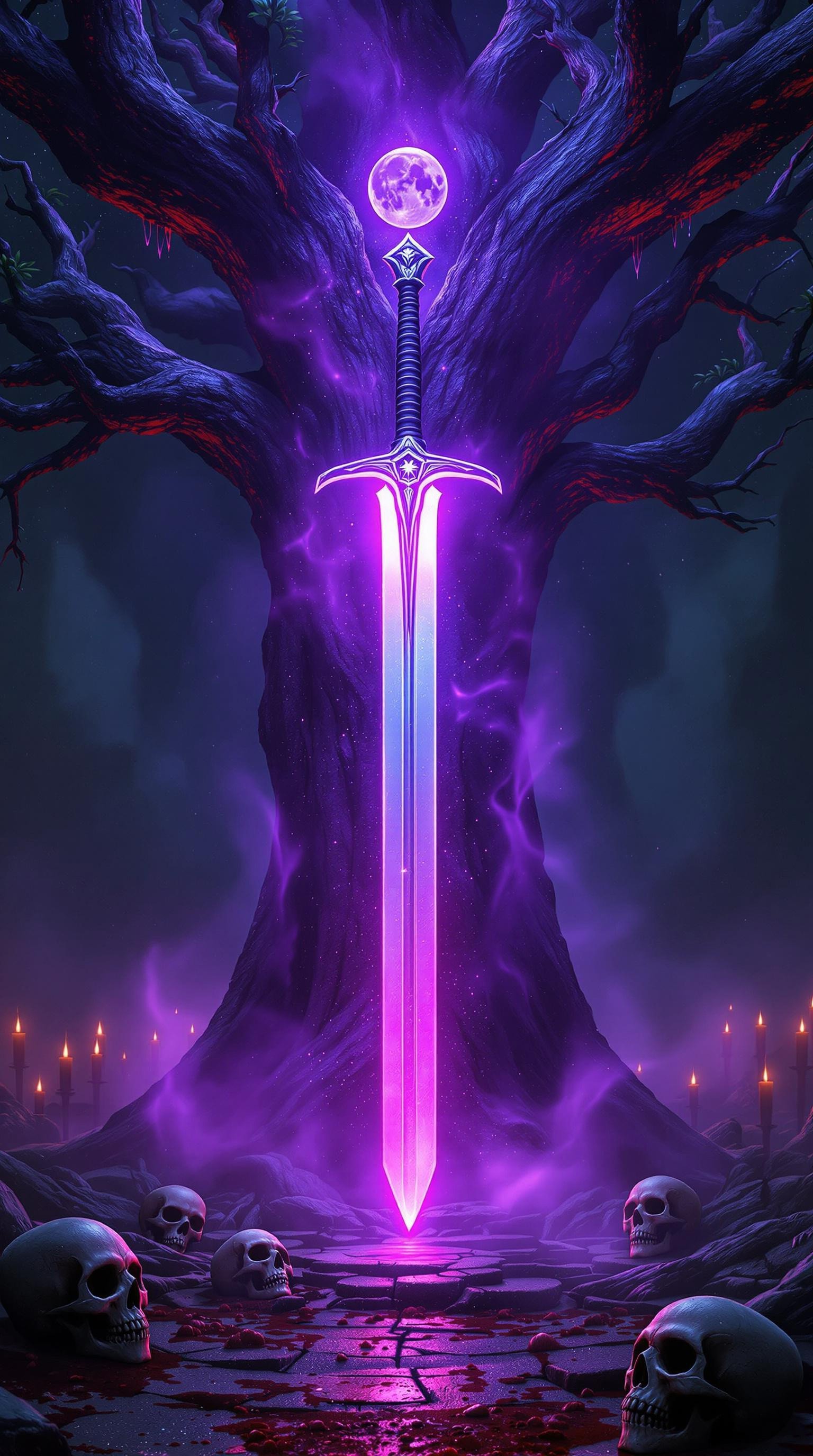 ancient tree, swords in stone, vertical position of sword, glowing sword, violet glowing, kneeling knight, ritual, close up, mysterious fog around the sword, the fog glows , runes glow red dim light, glass of blood, sculls, moon light, corpses of warriors, skeletons, 4K resolution, photorealistic rendering, using cinema 4D Wide range of colors., Dramatic,Dynamic,Cinematic,Sharp details Insane quality. Insane resolution. Insane details. Masterpiece. 32k resolution. dark, chiaroscuro, low-key