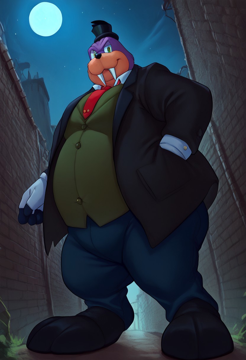 score_9, score_8_up, score_7_up, furry male, Rotor the walrus as mr walrus, <lora:MrWalrus_PXL_Leaf1:1>, green eyes, fangs, furry,  furry anthro, alley, dutch angle, posing, from below, clothed, (((dutch angle, posing, from below))), walrus, fat, overweight, walrus tusks, squinting eyes, smile, solo, 1boy, male focus, <lora:pony_monocles-step00000800:1>,(monocle),round eyewear, top hat,, suit, gloves, furry male, mustache, necktie, a robber-baron wearing a monocle on a chain on his left eye, top hat, white shirt, black vest from 1900 holding a pocketwatch, standing
BREAK
city, ruins, back alley, outside, night, moon, stars, ambient light,