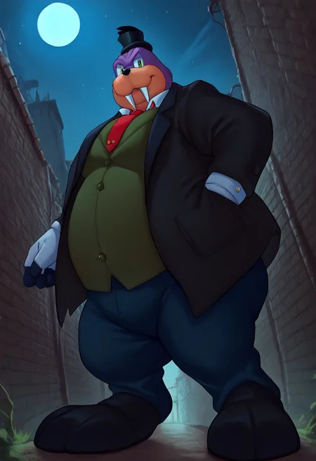 score_9, score_8_up, score_7_up, furry male, Rotor the walrus as mr walrus, <lora:MrWalrus_PXL_Leaf1:1>, green eyes, fangs, furry,  furry anthro, alley, dutch angle, posing, from below, clothed, (((dutch angle, posing, from below))), walrus, fat, overweight, walrus tusks, squinting eyes, smile, solo, 1boy, male focus, <lora:pony_monocles-step00000800:1>,(monocle),round eyewear, top hat,, suit, gloves, furry male, mustache, necktie, a robber-baron wearing a monocle on a chain on his left eye, top hat, white shirt, black vest from 1900 holding a pocketwatch, standing
BREAK
city, ruins, back alley, outside, night, moon, stars, ambient light,