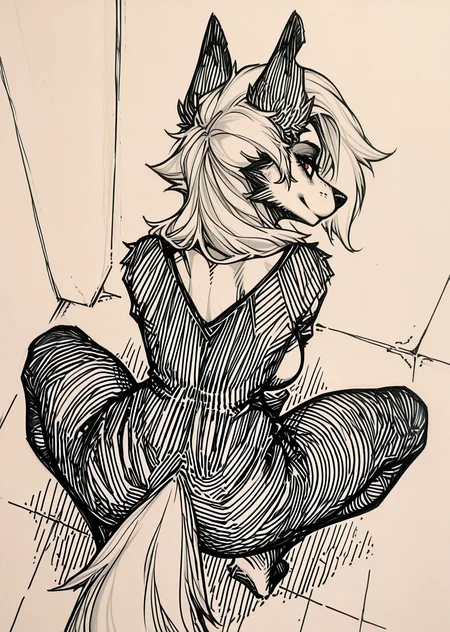 (hatching:1.4), gradient hatching background, surreal, masterpiece, best quality, very aesthetic, hi res, 1girl, loona_\(helluva_boss\), wolf, furry_female, limited colors, , high angle shot,Bird's-eye view,University,flirting,Crouching, sketch, solo, (dynamic comparison:1.3), looking_at_viewer, breasts, outline, , high angle shot,Bird's-eye view,University,flirting,Crouching