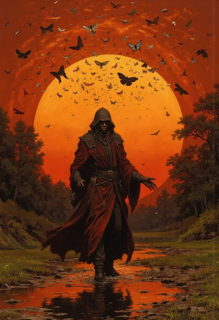 In the fading orange glow of sunset, the moth wizard walks through the swamp, his brown and red robes trailing behind him, summoning thousands of moths to surround him, their fluttering wings reflecting the light of a full autumn moon.
, Vibrant, grotesque, and surreal with bold contrasts, heavy black outlines, and a blend of dreamlike autumnal hues; a mix of neon, retro, and pagan elements, inspired by Sean Aaberg’s punk-infused, chaotic energy and dreamcore's eerie, nostalgic undertones