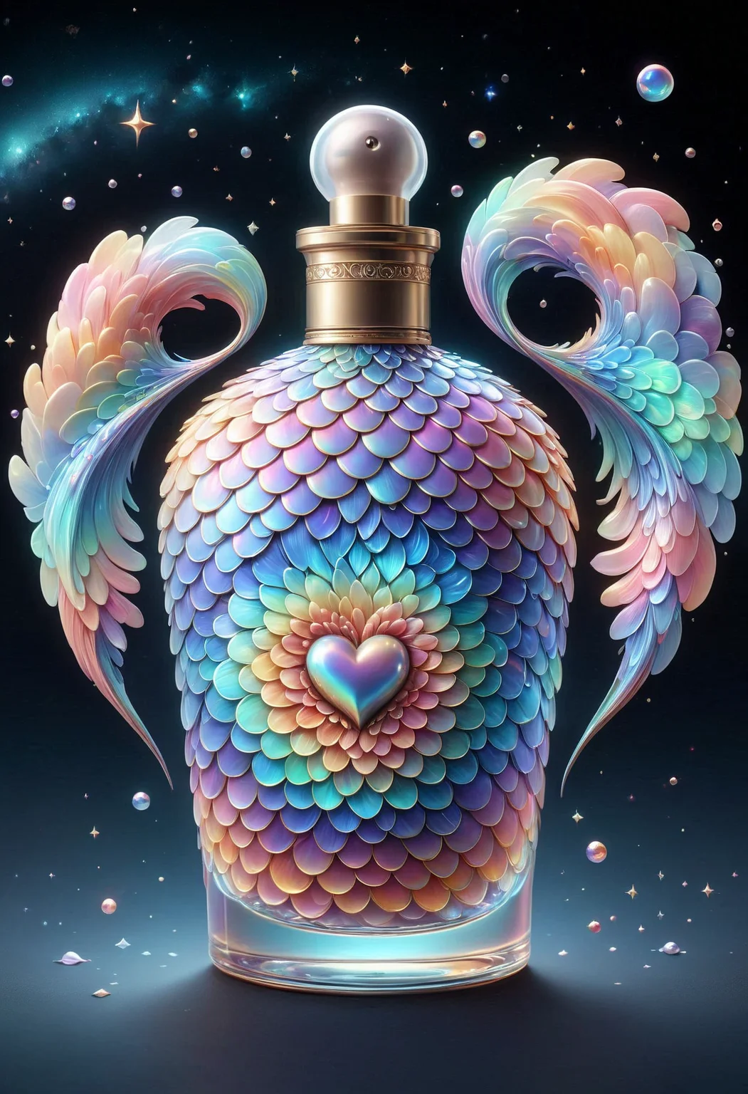 60s illustration style, Painting of a In the heart of a bustling city, a painting depicts a scene of the iconic Draco constellation. Inside a Perfume bottle, a colorful and intricate swirling pattern fills the air. Wide view, Ultra Real, Depressing, atmospheric perspective made out of iridescent scales, <lora:PinkieIriSclsSDXL-v1:1>, p1nk1r1sc4l3s,