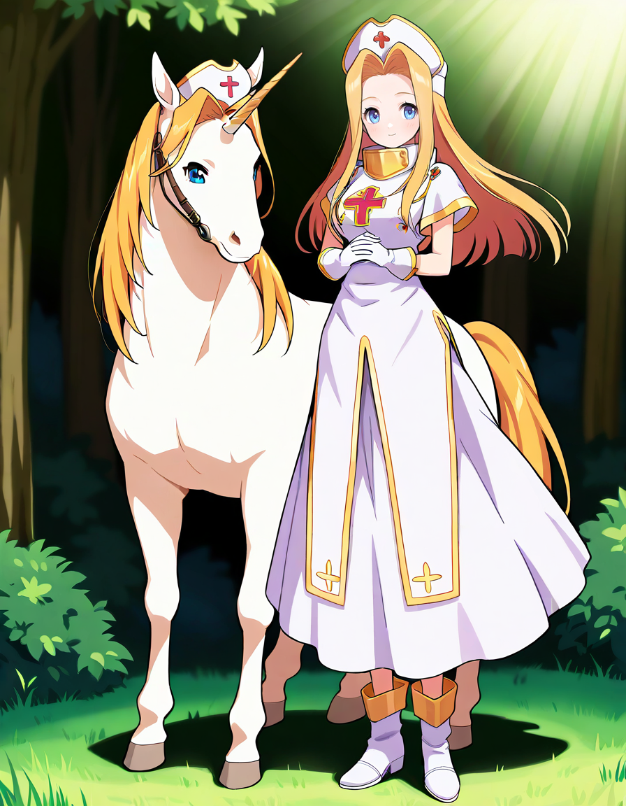 <lora:topmint_SDXL_Illustrious01_fp16_ver01:1>,ToPmint, 1girl, solo, hat, long hair, blonde hair,blue eyes, gloves,dress,cross,boots,full body, nurse cap,long skirt,smile,horse,unicorn, forest,, masterpiece, best quality, very aesthetic, absurdres,<lora:detailed_hands:1>,hand