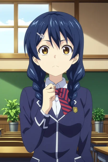 megumi tadokoro,1girl,solo,looking_at_viewer,twin braids,braid,yellow eyes,hair ornament,hair clip,school uniform,necktie,breasts,stripped necktie,standing BREAK indoors,japanese classroom,classroom,simple decor, organized shelves, neat rows, kanji on the board,windows,blue sky,Wooden floors, low desks, chalkboard, sliding doors, sunlight, quiet, neat rows, plants arms cross at on face front, <lora:Megumi_Tadokoro_-_Food_Wars.safetensors:0.8> <lora:detailed_backgrounds_v2.safetensors:0.8>