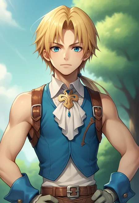 score_9, score_8_up, score_7_up, source_anime, highly detailed, 1boy, solo,
zidane, 1boy, blonde hair, long hair, monkey tail, low ponytail, bangs, parted bangs, male focus, solo, gloves, blue eyes, upper body, hand on hip,
outdoor,