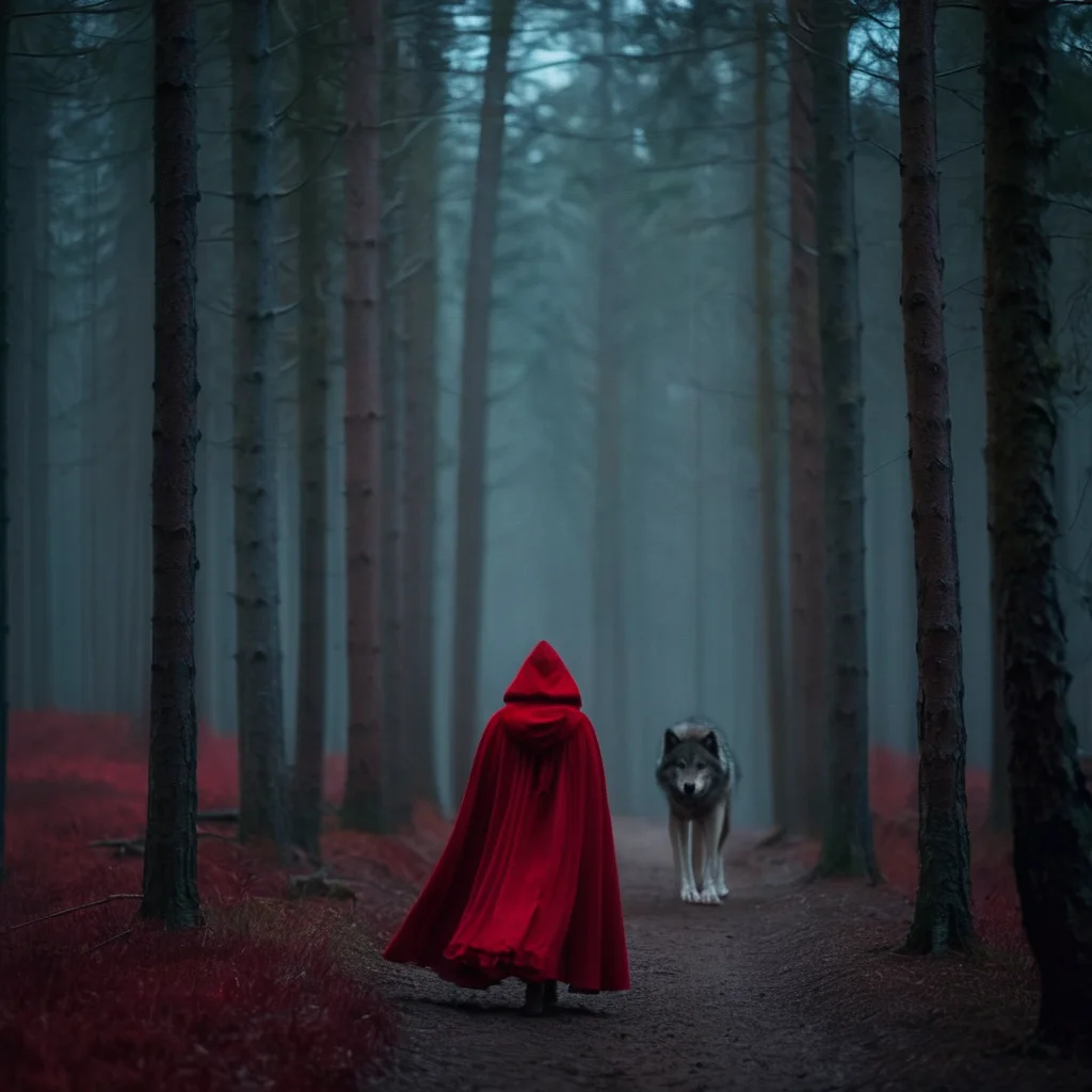 cinematic film still of <lora:Little Red Riding Hood style:1.2>
In The Woods Little Red Riding Hood a woman in a red cloak is walking in front of a large wolf monster Full Shot Little Red Riding Hood Style, shallow depth of field, vignette, highly detailed, high budget, bokeh, cinemascope, moody, epic, gorgeous, film grain, grainy